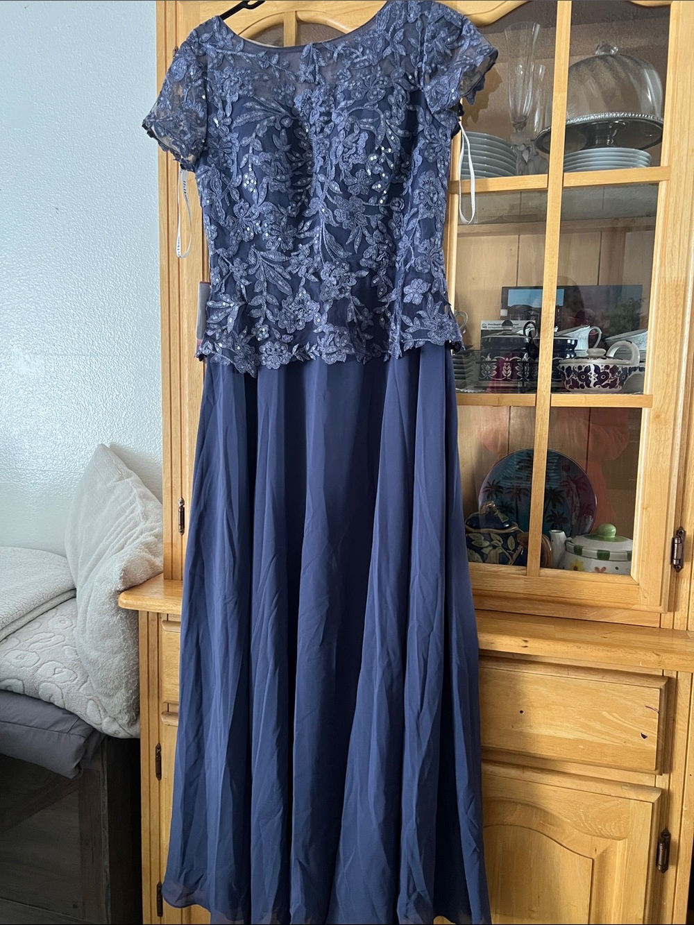 JJ house Navy Lace Bodice Chiffon Maxi Gown